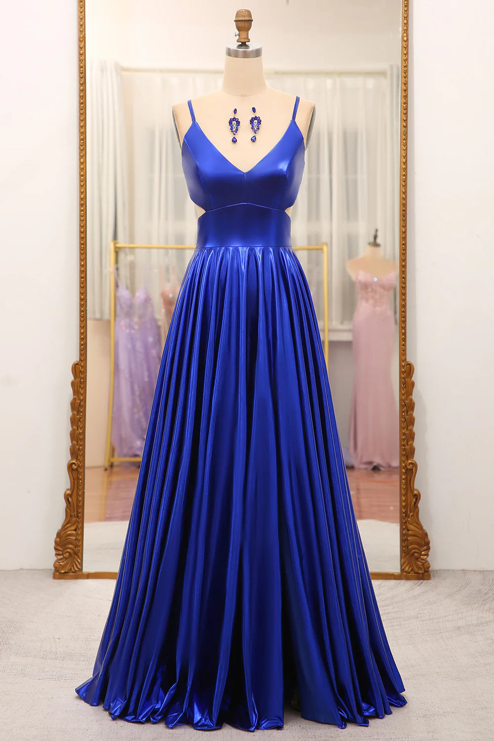 V-Neck Open Back A-Line Royal Blue Prom Dress